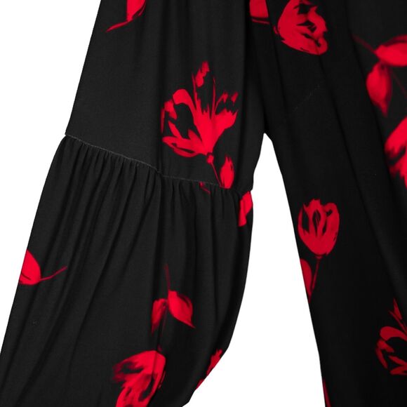 Ralph Lauren Women's Dress Black Red Floral Stretch Bell Sleeve Jersey Midi 20W - Picture 5 of 9